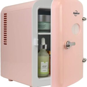 Koolatron Retro Mini Fridge For Bedrooms 4L Small Fridge 6 Can Table Top Fridge Quiet Mini Fridges For Skincare Food Drinks Kids Home Car & Travel 12v Portable Cooler Warmer Refrigerator, Pink