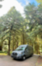 Mallory and Matt's Drifter Van parked in the picturesque Alaskan forest, surrounded by towering trees and natural beauty.